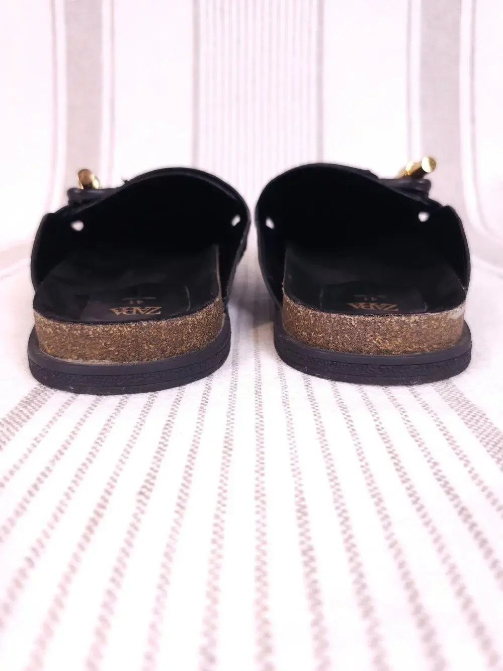 Zara Shoes Womens 10 Black Clogs Vegan Leather Mules Slide Cork Gold Toggle